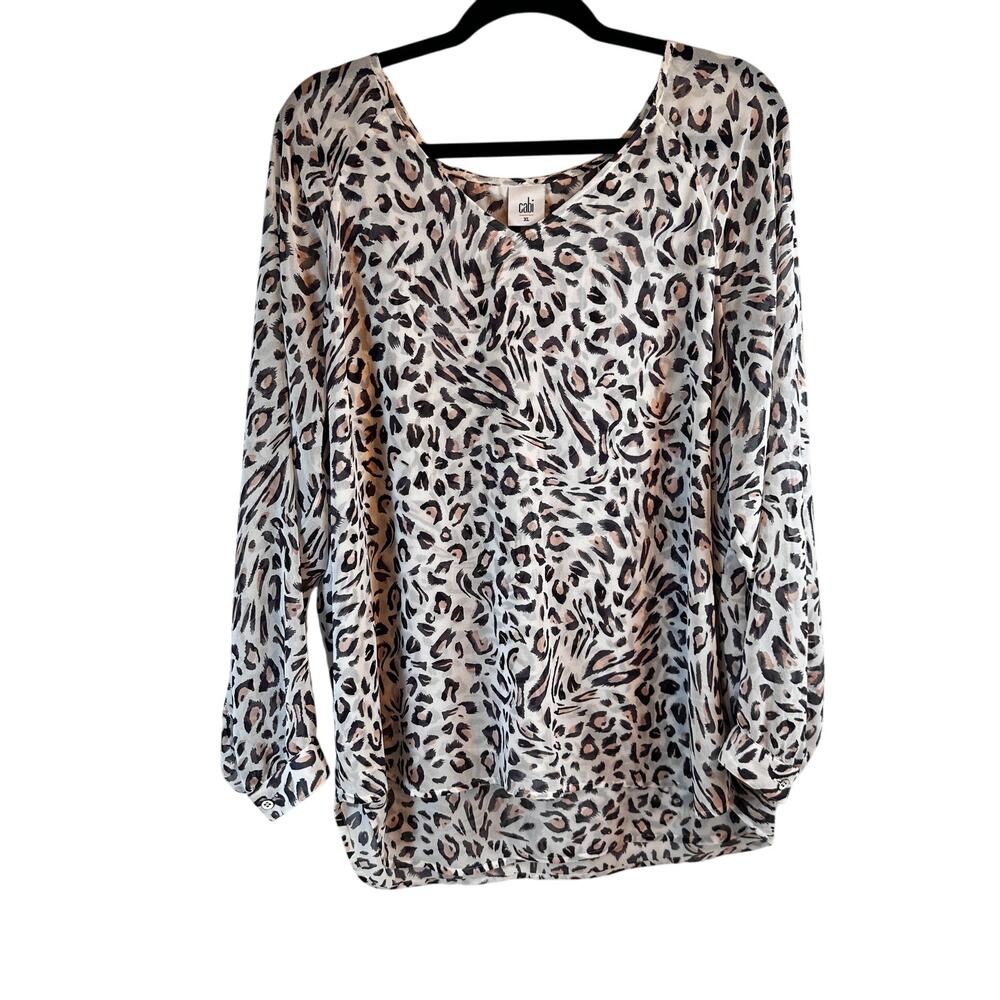 CAbi XL Animal Print Blouse – Y2K Sheer Layered Vibe, Button Cuffs